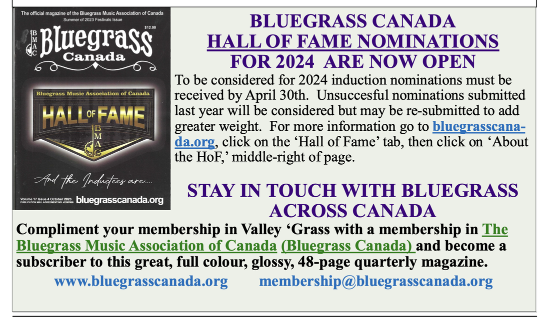 Picture of Bluegrass Canada message for Hall of Fame Nominations